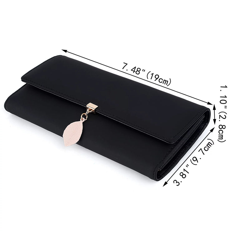 Womens Wallet PU Leather RFID Blocking Card Holder Elegant Zipper Coin Purse Leaf Pendant(Black)