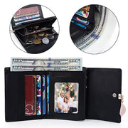 Small Wallet for Women PU Leather RFID Blocking Card Holder Zipper Coin Purse with Leaf Pendant(Black)