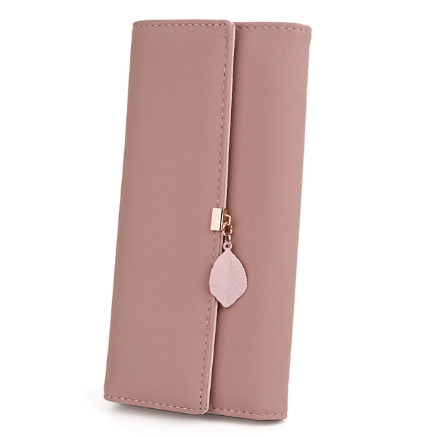 Womens Wallet PU Leather RFID Blocking Card Holder Elegant Zipper Coin Purse Leaf Pendant(Pale Mauve)