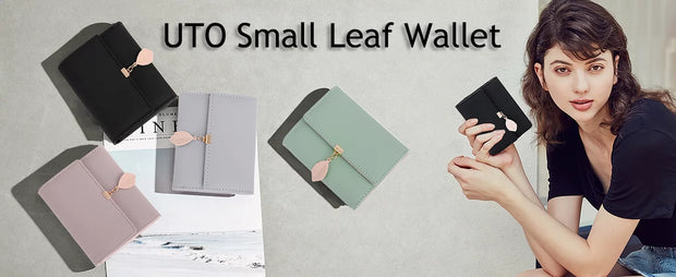 Small Wallet for Women PU Leather RFID Blocking Card Holder Zipper Coin Purse with Leaf Pendant(Black)