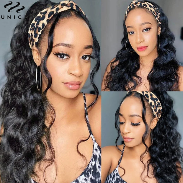 Hair Body Wave Headband Wigs 150% Density Brazilian Glueless Human Hair Wigs Natural Color Headband Scarf Wigs