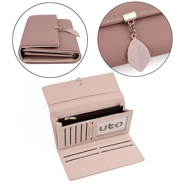 Womens Wallet PU Leather RFID Blocking Card Holder Elegant Zipper Coin Purse Leaf Pendant(Pale Mauve)