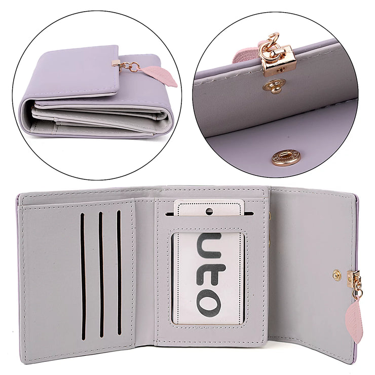 Small Wallet for Women PU Leather RFID Blocking Card Holder Zipper Coin Purse with Leaf Pendant(Purple)