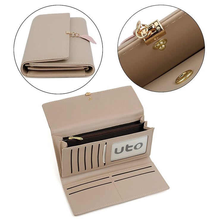 Womens Wallet PU Leather RFID Blocking Card Holder Elegant Zipper Coin Purse Leaf Pendant(Khaki)