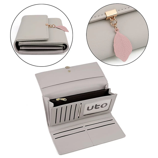 Womens Wallet PU Leather RFID Blocking Card Holder Elegant Zipper Coin Purse Leaf Pendant(Light Gray)